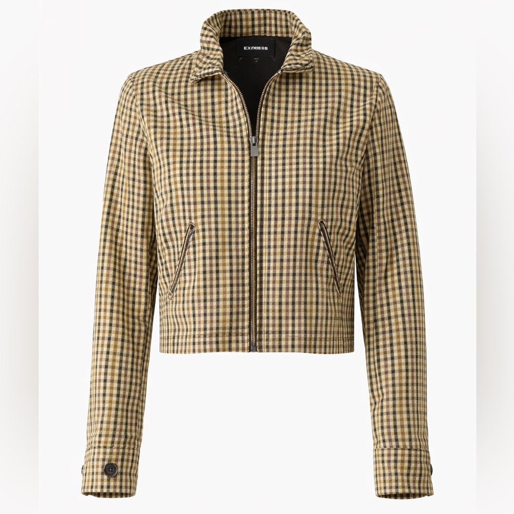 Express Plaid Cropped Jacket XS Brown Tan Check Zip Front Lightweight Jacket